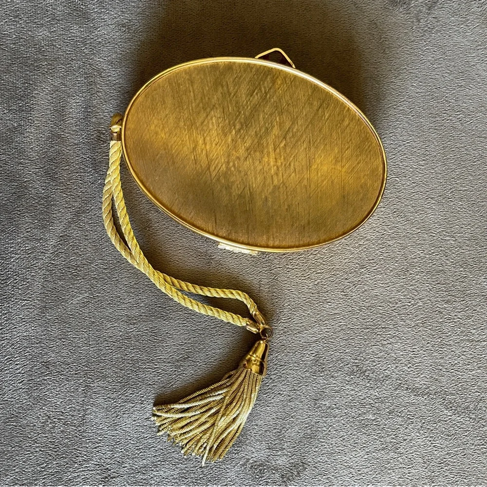 Vintage Italian Gold Metal Embossed Oval Evening Clutch with Tassel Wristlet
